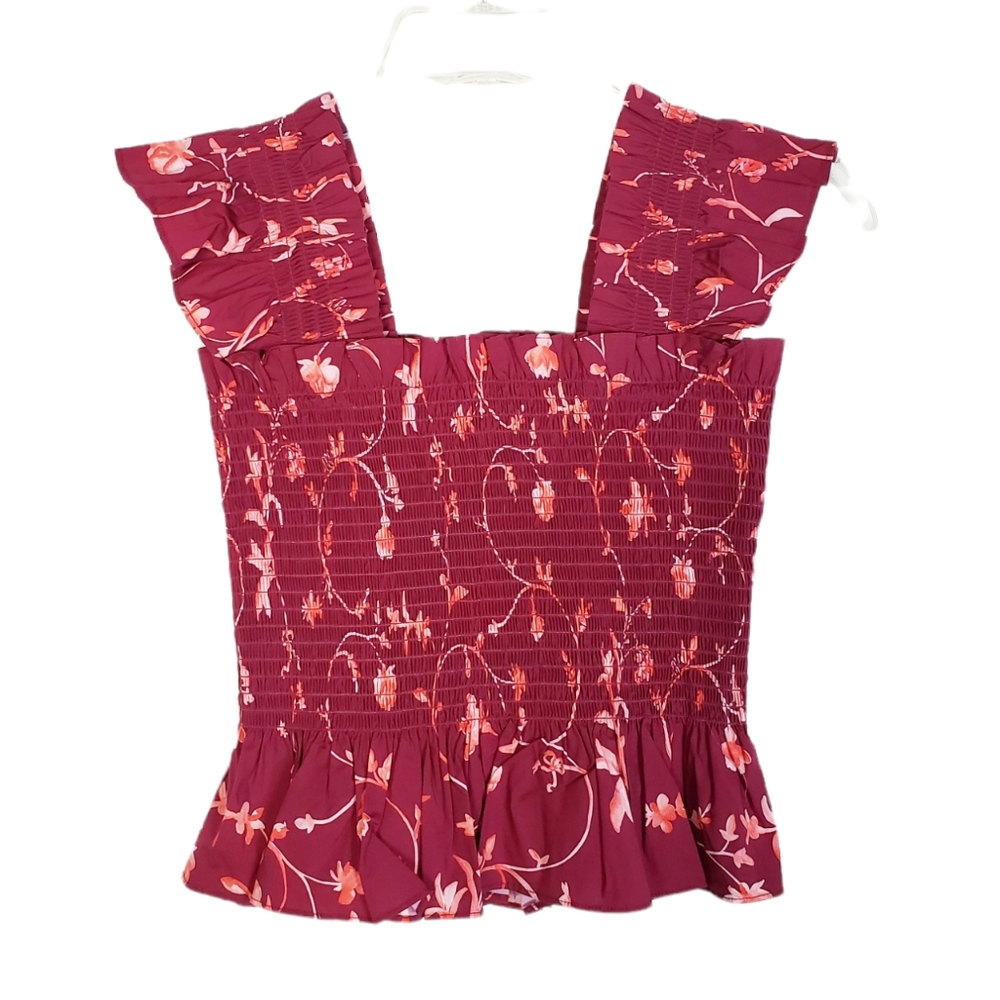 HILL HOUSE Paz top in burgundy botanical floral NWT